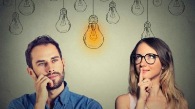 man and woman thinking with picture of lightbulbs